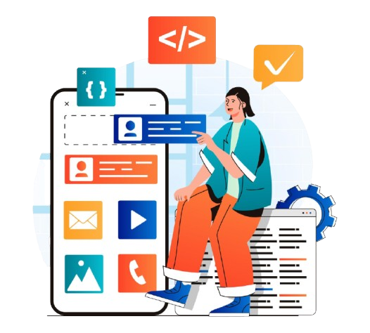 App developer coding a mobile application on a laptop with design mockups and testing devices nearby