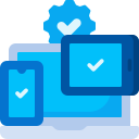 Cross platform development interface showing code running on multiple devices like smartphone, tablet, and desktop