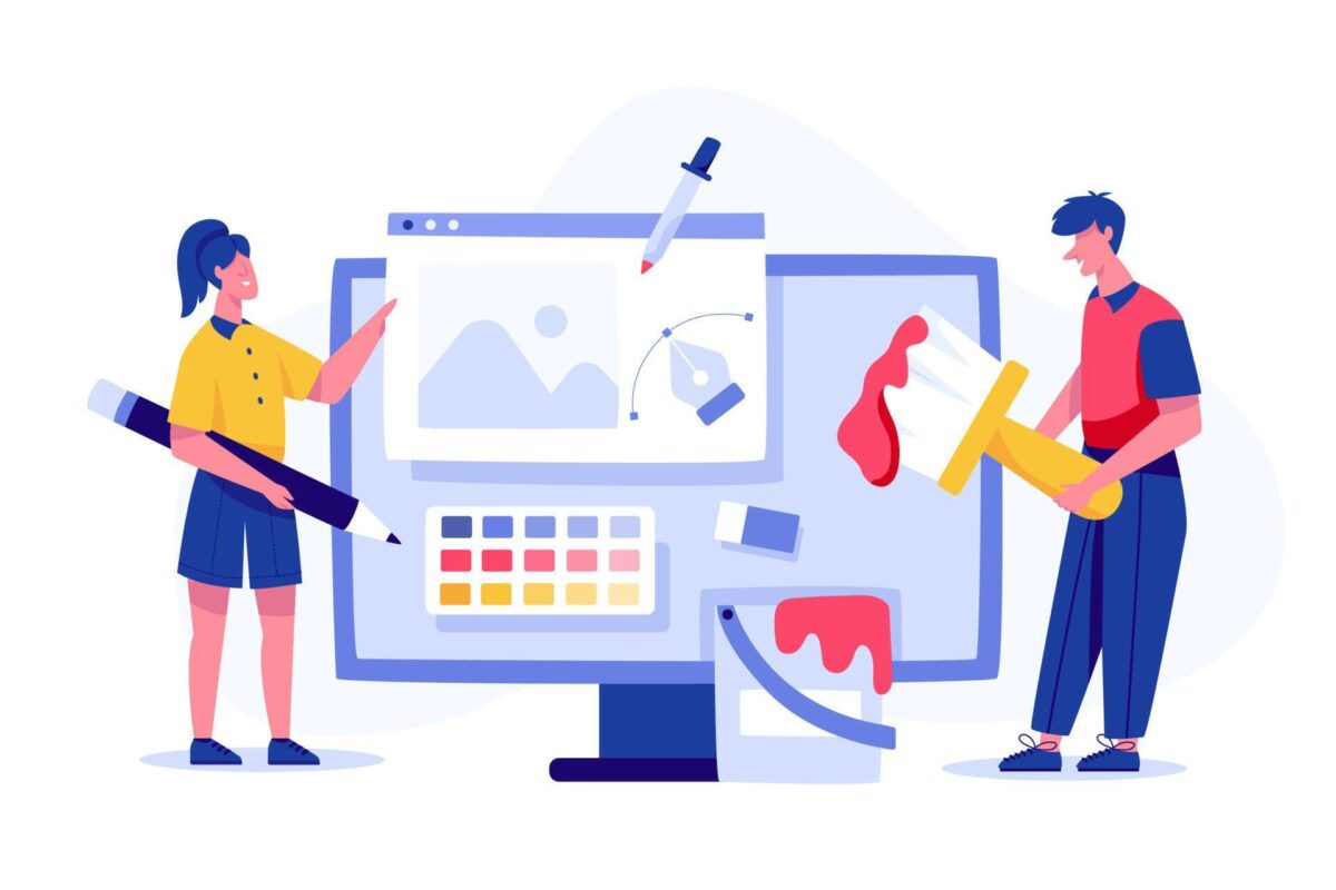 Graphic designer working on a digital illustration using a stylus and design software on a laptop