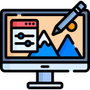 Graphic design workspace with color palettes, digital illustrations, and a designer working on a computer