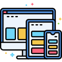 Creative graphic designer sketching and designing visual assets on a digital tablet with colorful elements around